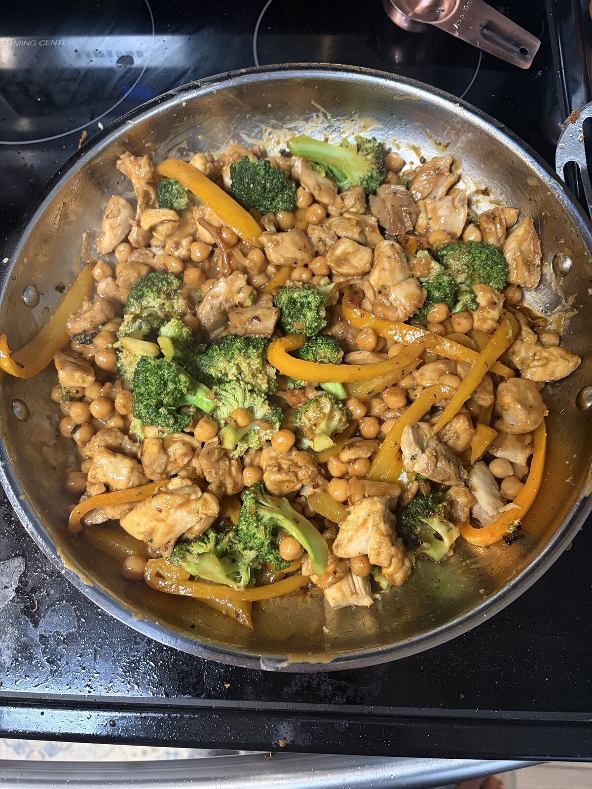 Peanut Chicken, Broccoli, Bell Pepper and Chickpea Bowls